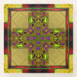 赤と金ゴールドのステンドグラスケルト十字 ガラスコースター