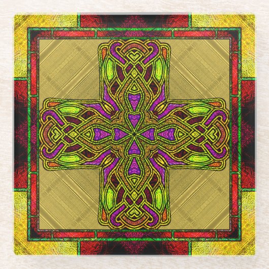 赤と金ゴールドのステンドグラスケルト十字 ガラスコースター (正面)