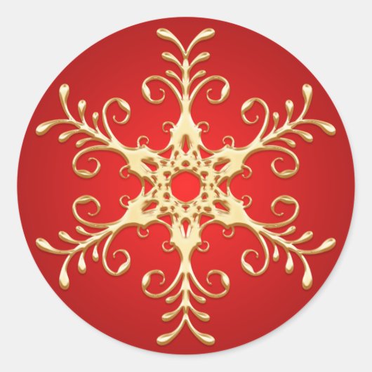 赤と金ゴールドのスノーフレークのシール ラウンドシール (正面)