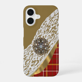 赤と金ゴールドのタータンチェックの格子縞とレース iPhone 16ケース