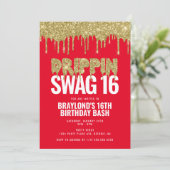 赤と金ゴールドのドライブピンスワッグ16誕生日 招待状 (スタンド正面)