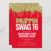 赤と金ゴールドのドライブピンスワッグ16誕生日 招待状 (正面/裏面)
