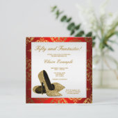 赤と金ゴールドのハイヒール女性50誕生日 招待状 (スタンド正面)