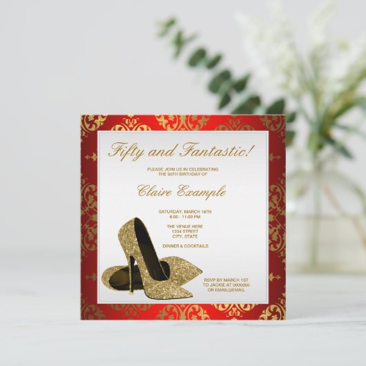 赤と金ゴールドのハイヒール女性50誕生日 招待状 (スタンド正面)