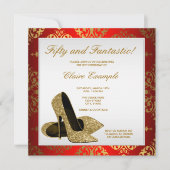 赤と金ゴールドのハイヒール女性50誕生日 招待状 (正面)