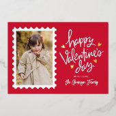 赤と金ゴールドのハートスタンプ写真バレンタインデー 箔シーズンカード (正面)