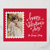 赤と金ゴールドのハートスタンプ写真バレンタインデー 箔シーズンポストカード (正面)