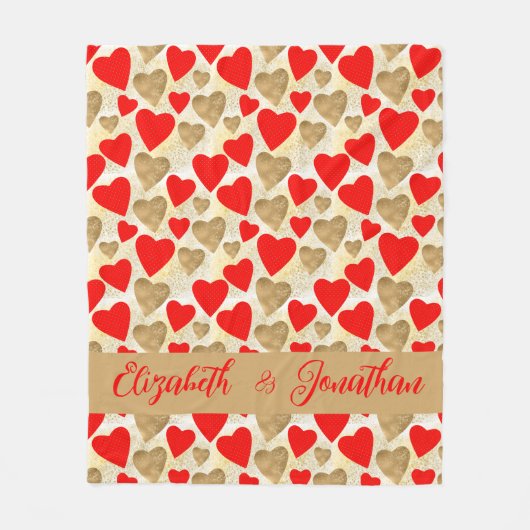 赤と金ゴールドのハートパターンカップル名バレンタイン フリースブランケット (正面)