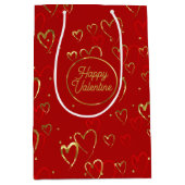 赤と金ゴールドのハート赤のバレンタインのパターン ミディアムペーパーバッグ (正面)