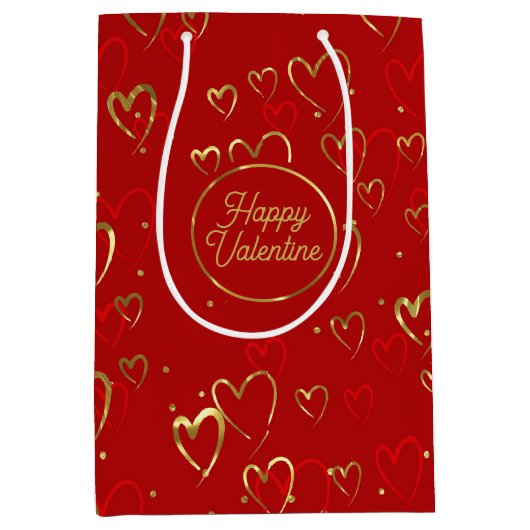 赤と金ゴールドのハート赤のバレンタインのパターン ミディアムペーパーバッグ (正面)