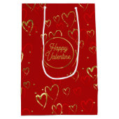 赤と金ゴールドのハート赤のバレンタインのパターン ミディアムペーパーバッグ (裏面)