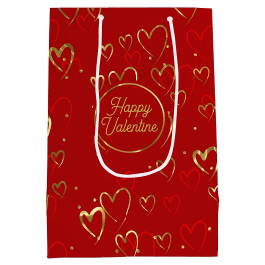 赤と金ゴールドのハート赤のバレンタインのパターン ミディアムペーパーバッグ (裏面)
