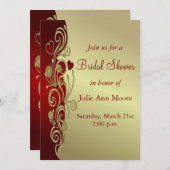 赤と金ゴールドのハート&スクロールブライダルシャワー 招待状 (正面/裏面)