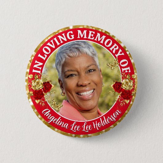 赤と金ゴールドのバラエレガントメモリアル葬儀の写真 缶バッジ (正面)