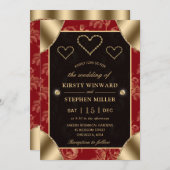 赤と金ゴールドのバラパターンと金ゴールドのハート結婚 招待状 (正面/裏面)