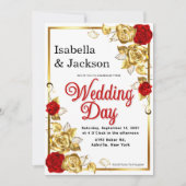 赤と金ゴールドのバラ結婚フローラ 招待状 (正面)