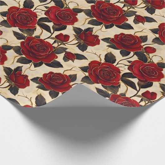 赤と金ゴールドのバラ ラッピングペーパー (角)