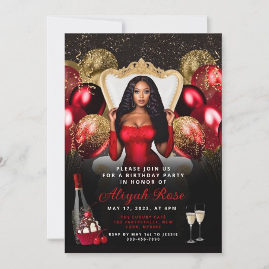 赤と金ゴールドのバルーン王室の誕生日招待状 招待状 (正面)