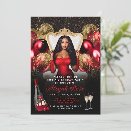 赤と金ゴールドのバルーン王室の誕生日招待状 招待状 (スタンド正面)