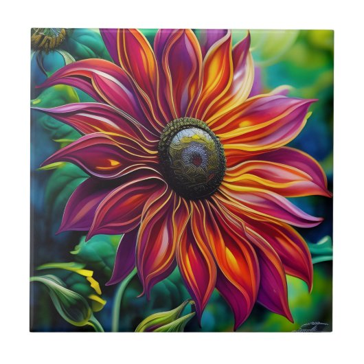 赤と金ゴールドのヒマワリ タイル (正面)