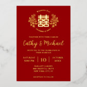 赤と金ゴールドのフローラのロ中国のゴ結婚 箔招待状 (正面)