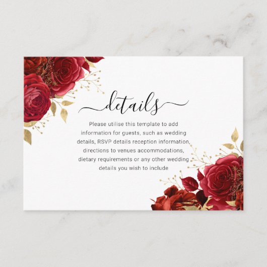 赤と金ゴールドのフローラキンセアニェラま結婚たは詳細 エンクロージャーカード (正面)