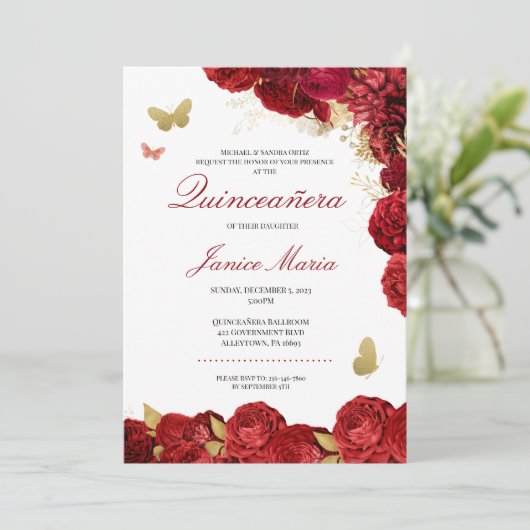赤と金ゴールドのフローラバタフライエレガントキンセニェラ 招待状 (スタンド正面)