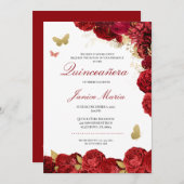 赤と金ゴールドのフローラバタフライエレガントキンセニェラ 招待状 (正面/裏面)