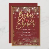 赤と金ゴールドのフローラフレームストリングライトベビーシャワー 招待状 (正面/裏面)