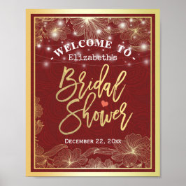 赤と金ゴールドのフローラフレームブライダルシャワーウェルカムサイン ポスター