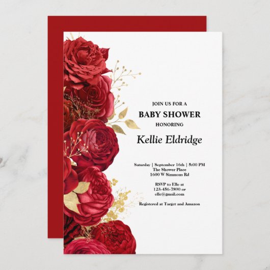 赤と金ゴールドのフローラベビーシャワー招待状 招待状 (正面/裏面)