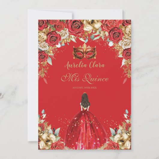 赤と金ゴールドのフローラ仮装ボールキンセアニラ 招待状 (裏面)