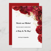 赤と金ゴールドのフローラ妊娠の発表 案内状 (正面/裏面)