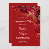 赤と金ゴールドのフローラ婚約パーティ 招待状 (正面/裏面)