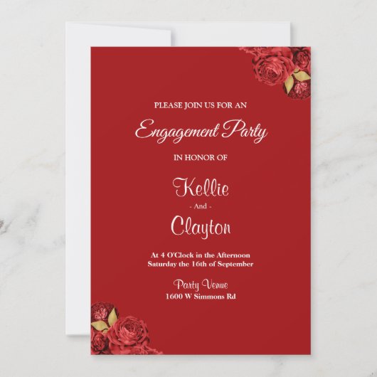 赤と金ゴールドのフローラ婚約パーティ 招待状 (正面)