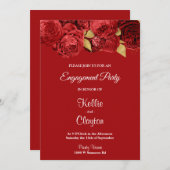 赤と金ゴールドのフローラ婚約パーティ 招待状 (正面/裏面)
