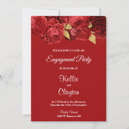 赤と金ゴールドのフローラ婚約パーティ 招待状