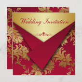 赤と金ゴールドのフローラ結婚式招待状 招待状 (正面/裏面)