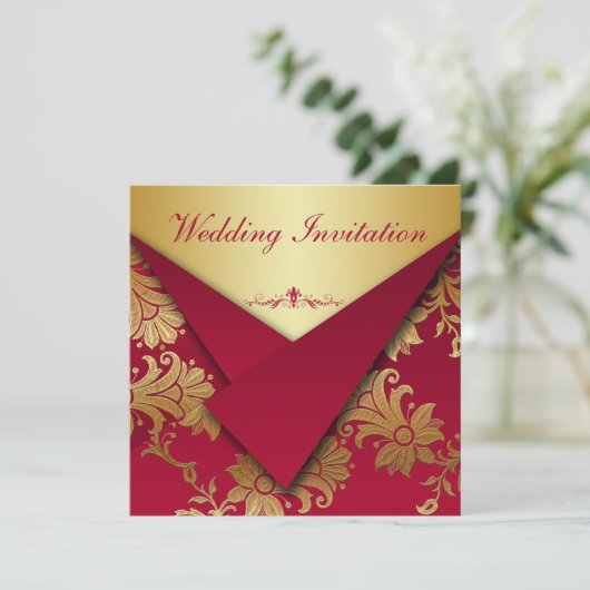 赤と金ゴールドのフローラ結婚式招待状 招待状 (スタンド正面)