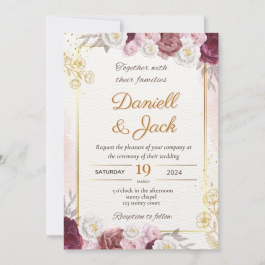 赤と金ゴールドのフローラ間引き 招待状 (正面)