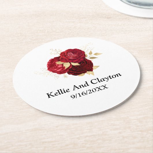 赤と金ゴールドのフローラ ラウンドペーパーコースター (アングル)