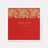 赤と金ゴールドのペイズリーレース結婚の スタンダードカクテルナプキン (正面)
