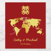 赤と金ゴールドのマップ先中国の結婚先 ワインラベル (シングルラベル)