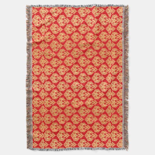 赤と金ゴールドのヴィンテージのダマスクパターン スローブランケット (正面縦)