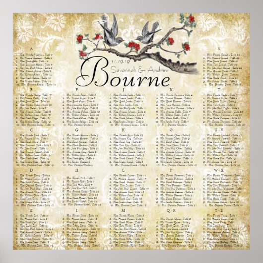 赤と金ゴールドのヴィンテージの鳥の披露宴の座席表 ポスター (正面)