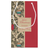 赤と金ゴールドのヴィンテージクリスマスオーナメント，松，果実 スモールペーパーバッグ (裏面)