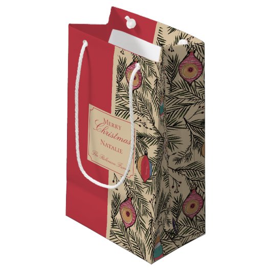 赤と金ゴールドのヴィンテージクリスマスオーナメント，松，果実 スモールペーパーバッグ (正面アングル)