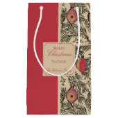 赤と金ゴールドのヴィンテージクリスマスオーナメント，松，果実 スモールペーパーバッグ (正面)