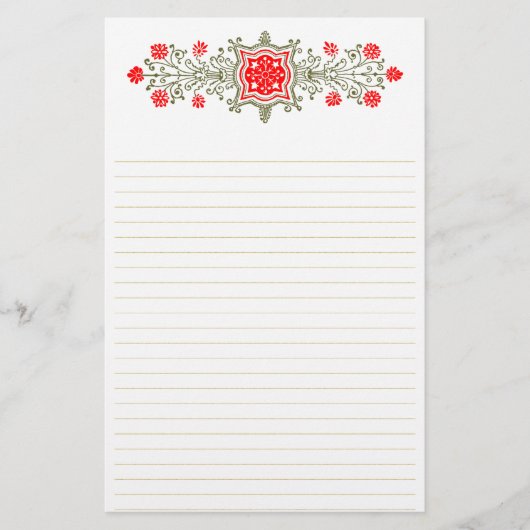 赤と金ゴールドのヴィンテージフローラアートの並んだ文房具 便箋 (正面)