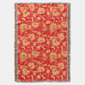 赤と金ゴールドのヴィンテージリーフダマスクパターン スローブランケット (正面縦)